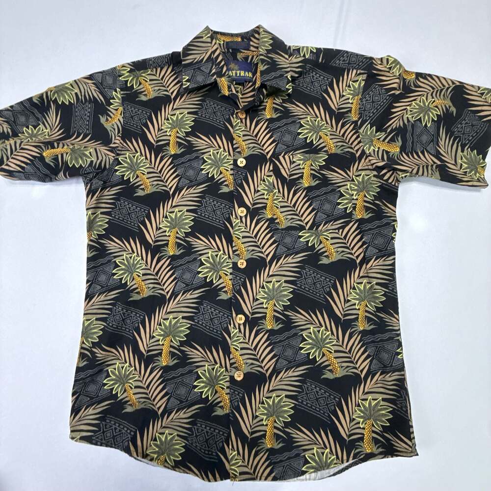Attrak Men's Black Tropical Palm Tree Short Sleeve Button-Down Shirt